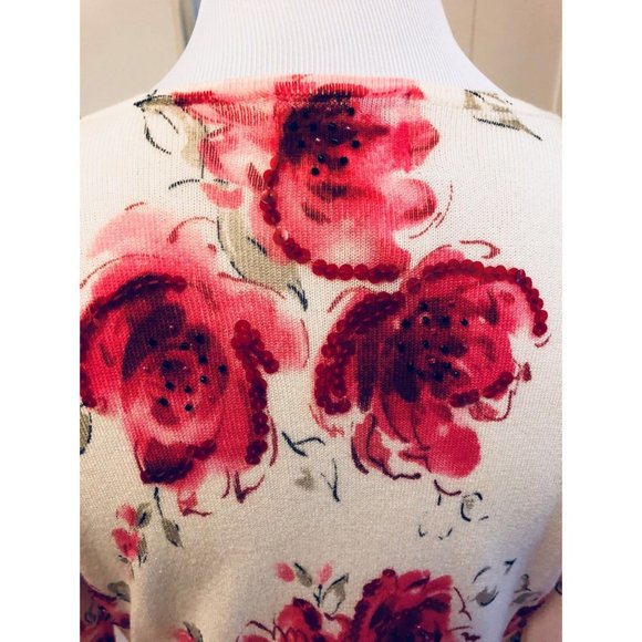 Vintage Oscar de la Renta White Cardigan Flowers Roses Sequins Small - Picture 5 of 6